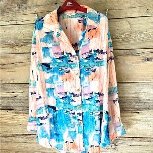 New Entro Abstract Watercolor Brushstroke Silky Blouse Large